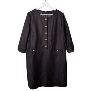 Talbots Linen Blend 3/4 Sleeves Half Gold Button Front Dress Black 16 Petite